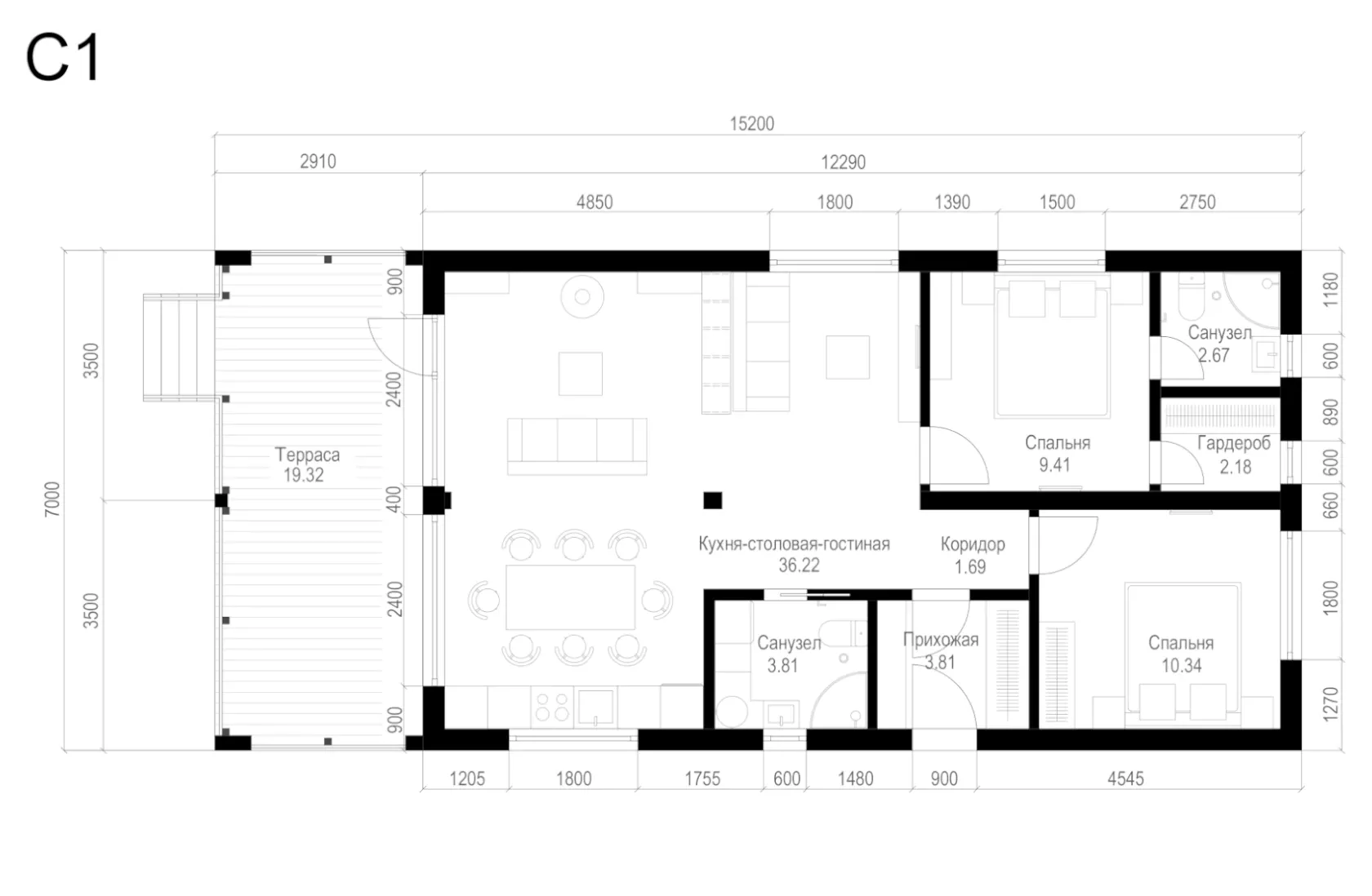 Проект дома C1 - строительство барнхауса под ключ с отделкой